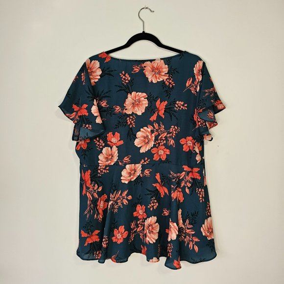 EUC Plus size Torrid short sleeve blouse  Teal green and orange floral print - Picture 2 of 5